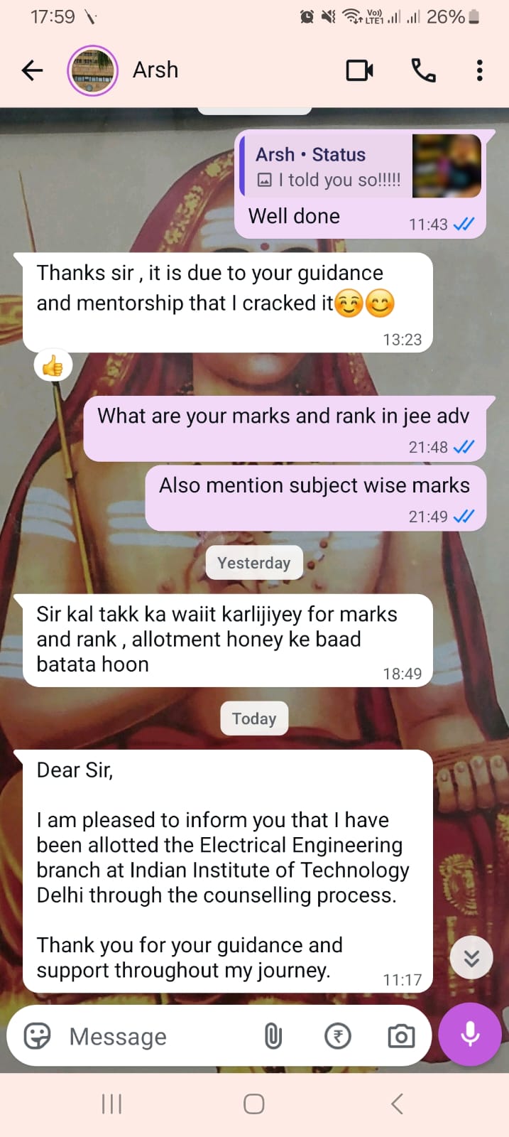 Student WhatsApp message thanking SM Sir after IIT Delhi admission