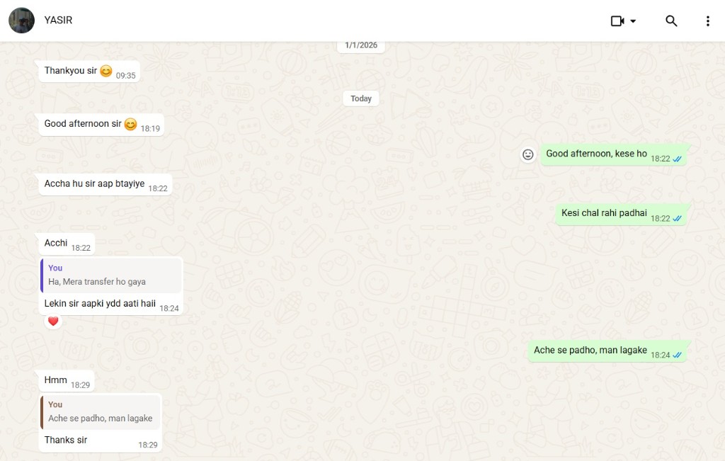Yasir's WhatsApp message to SM Sir expressing gratitude and that he misses his guidance